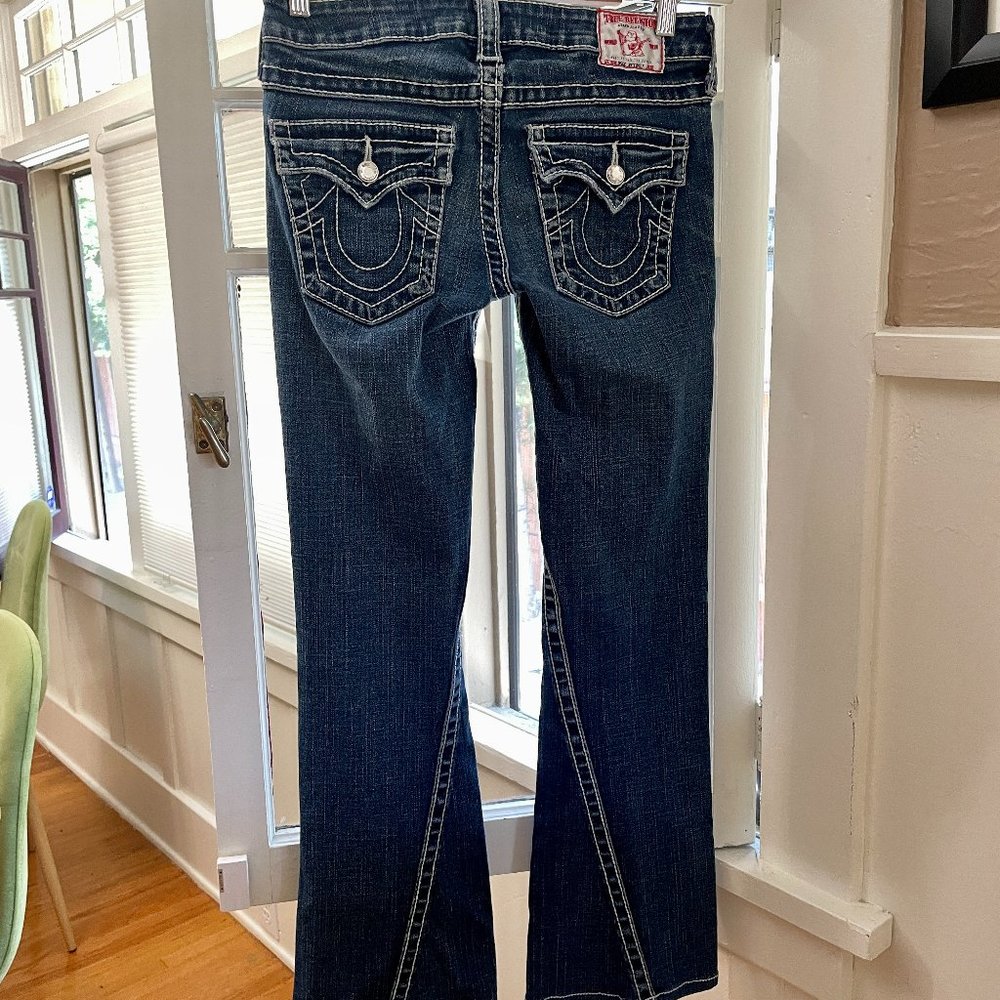 True Religion Crystal Detail Pockets Bell Bottom Flare Y2k Denim Jeans Size 27